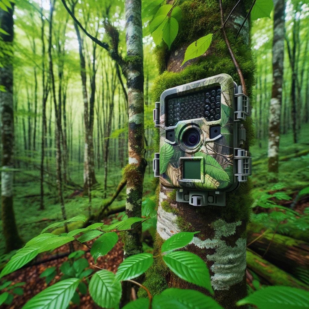 Caméra de chasse prête à l'action, fixée à un arbre